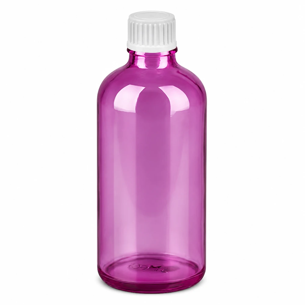 100ml tippapullo violetti läpinäkyvä, valkoinen korkki ja 0.9mm tippakorkki.