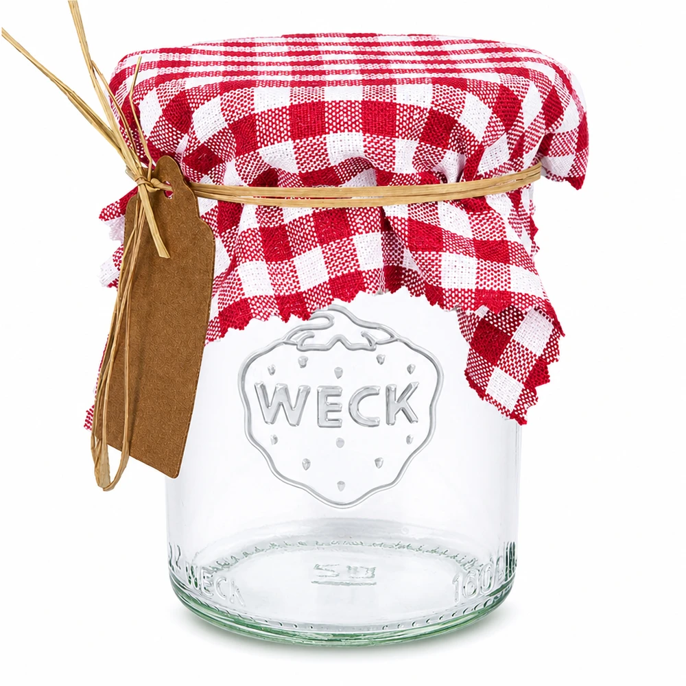 Kankainen korusuojus bordeaux-kuvioinen 12cm neliö 12cm neliö Kankainen koristeellinen esiliina bordeaux-chequered 12cm neliö purkkiin, jossa punainen gingham kuvio ja ruskea etiketti.