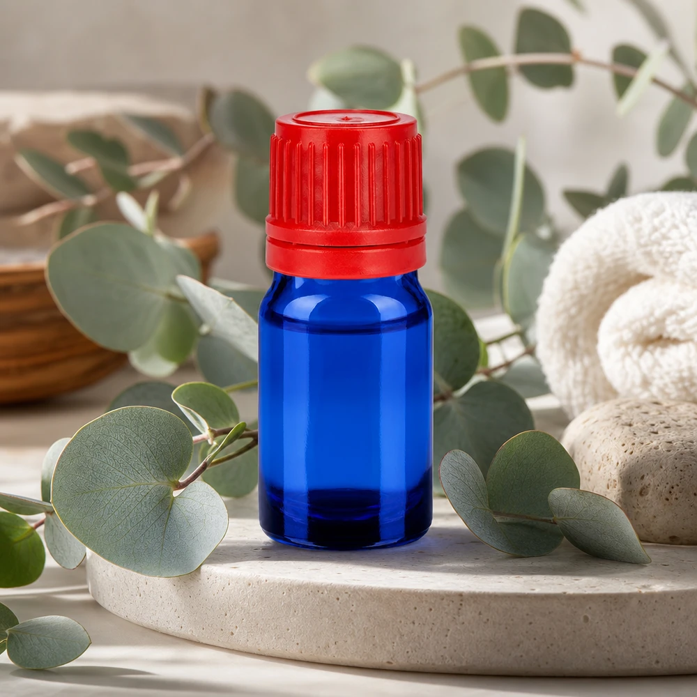 Kompakti 5ml BlueLine-pullo UT18/5, jossa on lapsiturvallinen punainen korkki, valmistettu kestävästä lasista.
