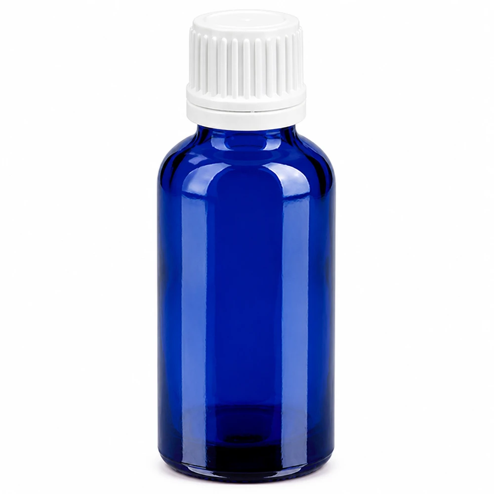 30ml sininen lasipullo, jossa valkoinen kierrekorkki tippasovelluksia varten