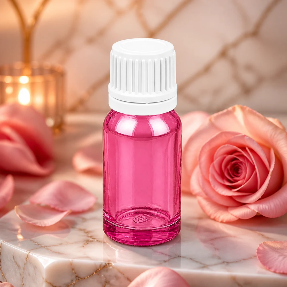 10ml PurpleLine violetti lasipullo, jossa 11mm kierrekorkki öljyjen tarkkaa annostelua varten.