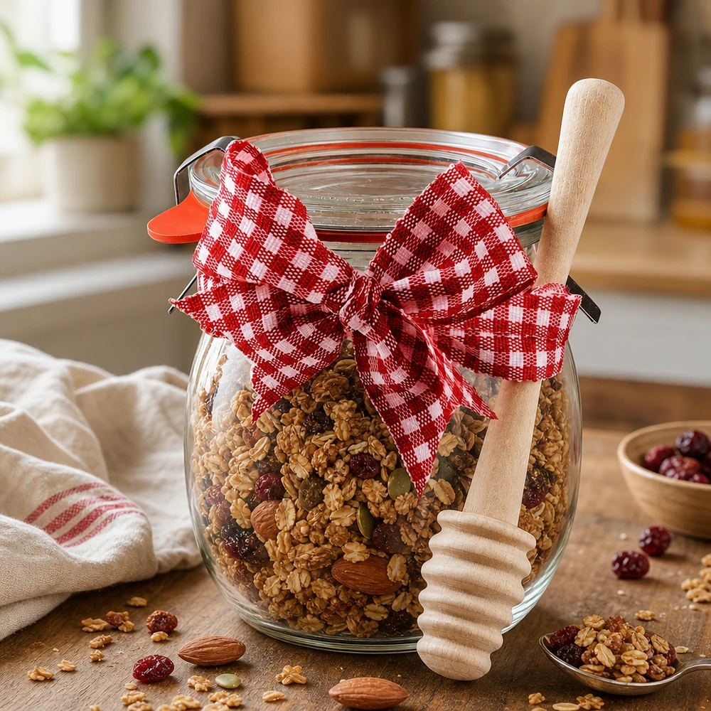 WECK tulppaanipurkki 220ml täynnä mysliä ja pähkinöitä, koristeltu punavalkoisella ruudullisella rusetilla ja hunajalusikalla.