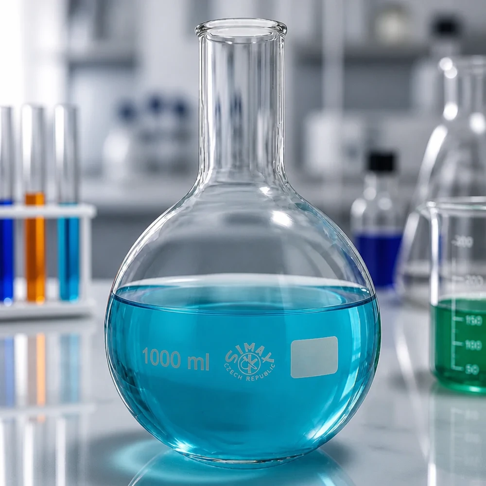 Seisova pullo 1000ml kapea kaula sinisellä nesteellä ammattimaisessa laboratorioympäristössä
