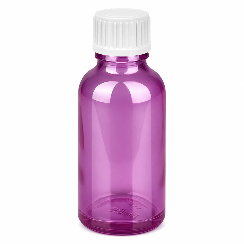 30ml kirkkaan violetti lasipullo, jossa valkoinen kierrekorkki eteerisille öljyille.