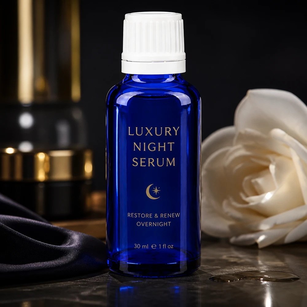 Ylellinen sininen 30 ml:n ApoGlas-tiputuspullo, jossa on valkoinen turvakorkki, yöseerumille