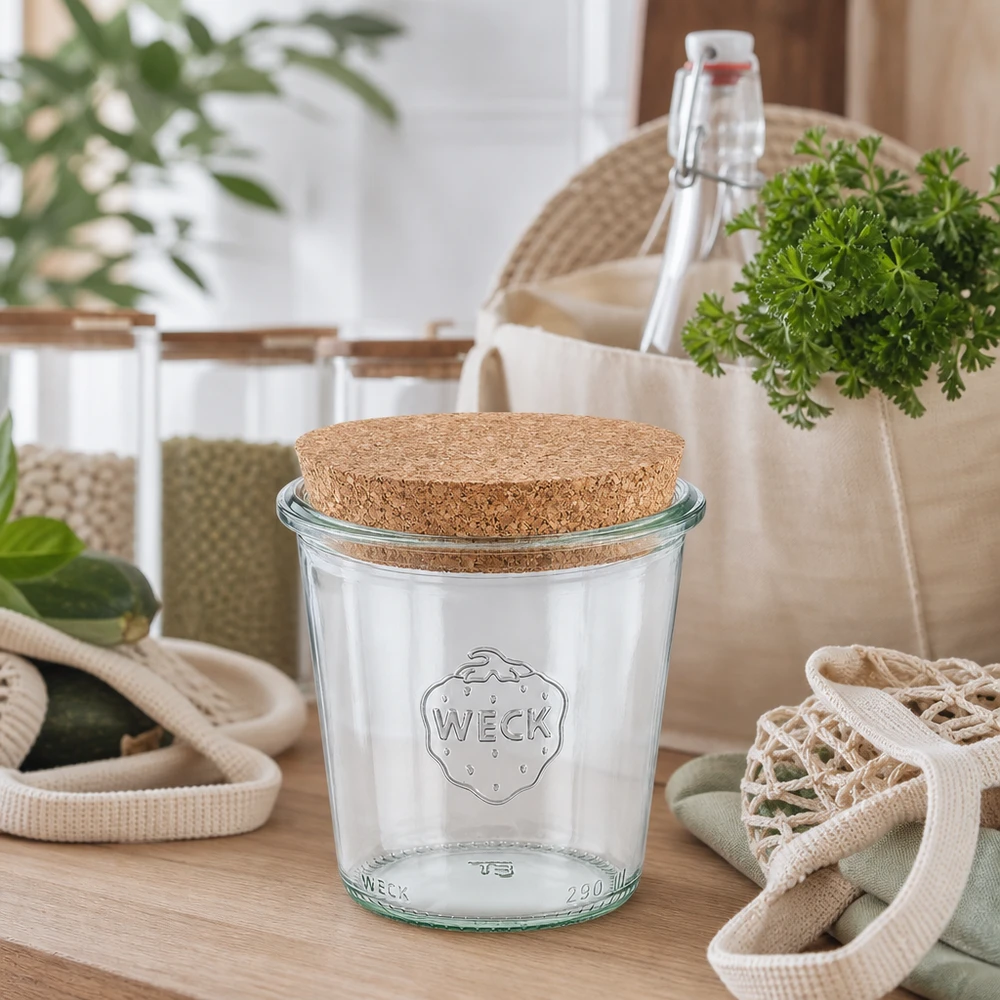 WECK tumblers 290ml RR80 luonnonkorkilla kestävässä nollajätekeittiössä uudelleenkäytettävien pullojen ja kangaspussien välillä.