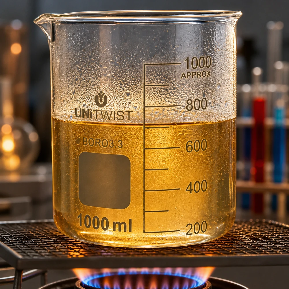 Lasi 1000ml borosilikaatti, matala muotti UNiTWIST UNiTWIST-lasimuki 1000 ml, borosilikaattia, kaasupolttimella, sisältää kullankeltaista nestettä 600 ml:n kohdalla