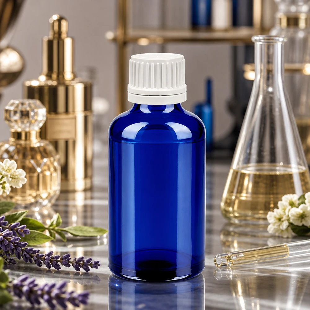 50ml sininen lasinen tippapullo valkoisella ruuvikorkilla ammattimaiseen aromaterapiaan.