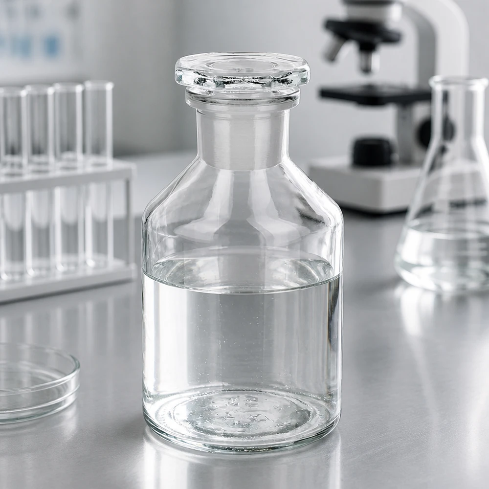 Jyrkkäkaulainen pullo 50ml kirkas kapeakaulainen lasitulppa Pieni 50 ml:n laboratoriopullo, jossa on kapea kaula ja hiottu tulppa, ruostumattomasta teräksestä valmistetulla pöydällä