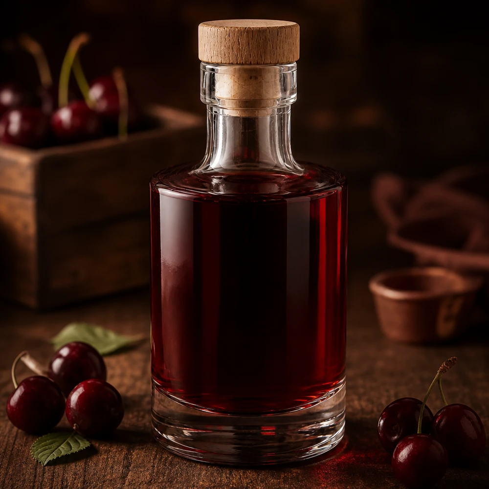 200 ml:n lasipullo Marie, jossa tummanpunainen kirsikkalikööritäyte, puukorkki, koristeltu tuoreilla kirsikoilla puupohjalla.