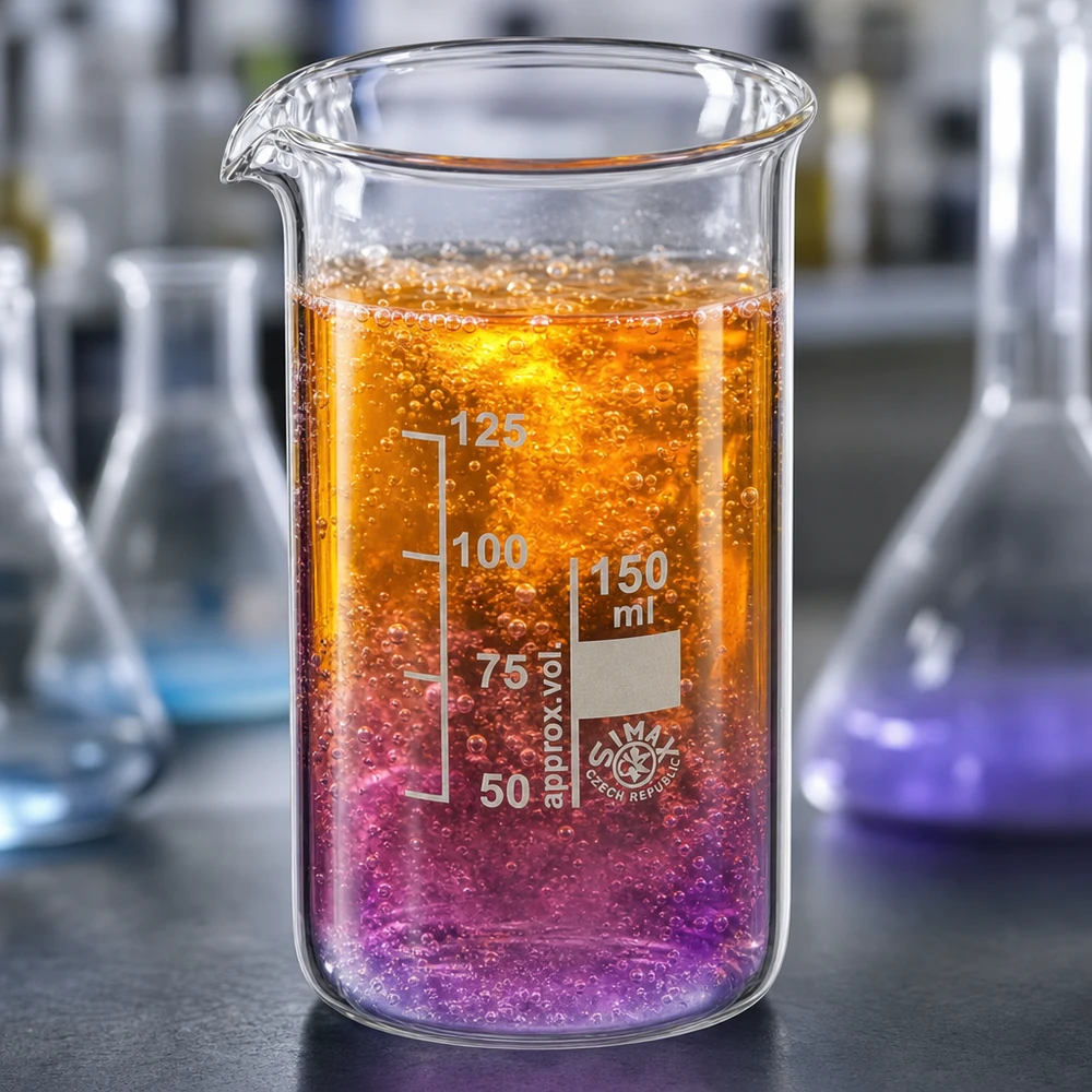 Juomalasi 150ml borosilikaattilasi, korkea muotoinen 150 ml:n korkea koeputki, jossa on oranssia ja violettia reaktioliuosta laboratoriossa