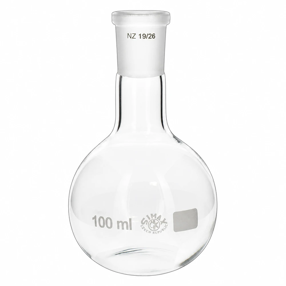 Seisova pullo 100 ml, jossa on vakiohionta 19/26, kirkasta borosilikaattilasia laboratoriotarkoituksiin.