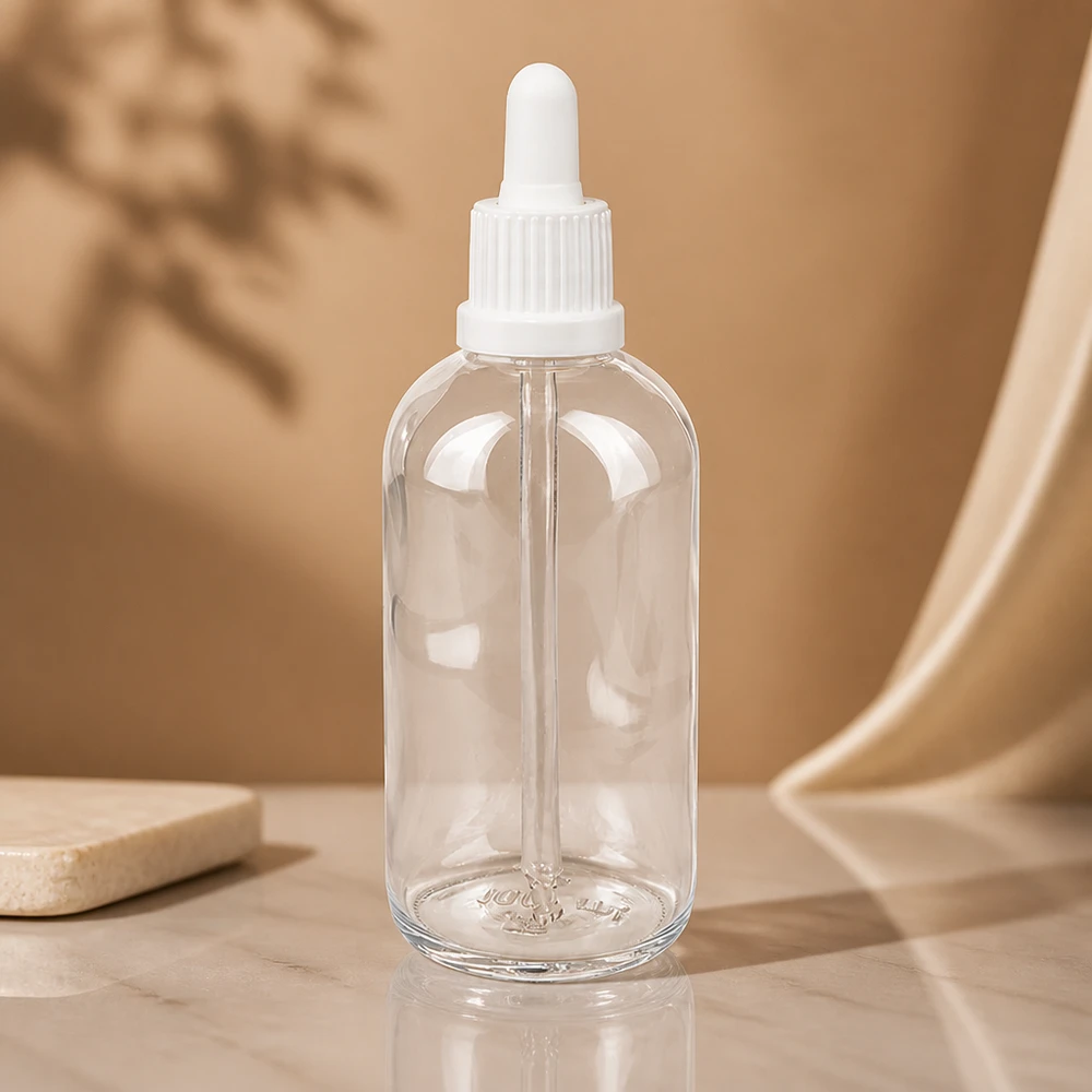 100 ml:n ClearLine-pullo, jossa on valkoinen pipettikärki OV UT18, seerumeille ja kosmetiikalle