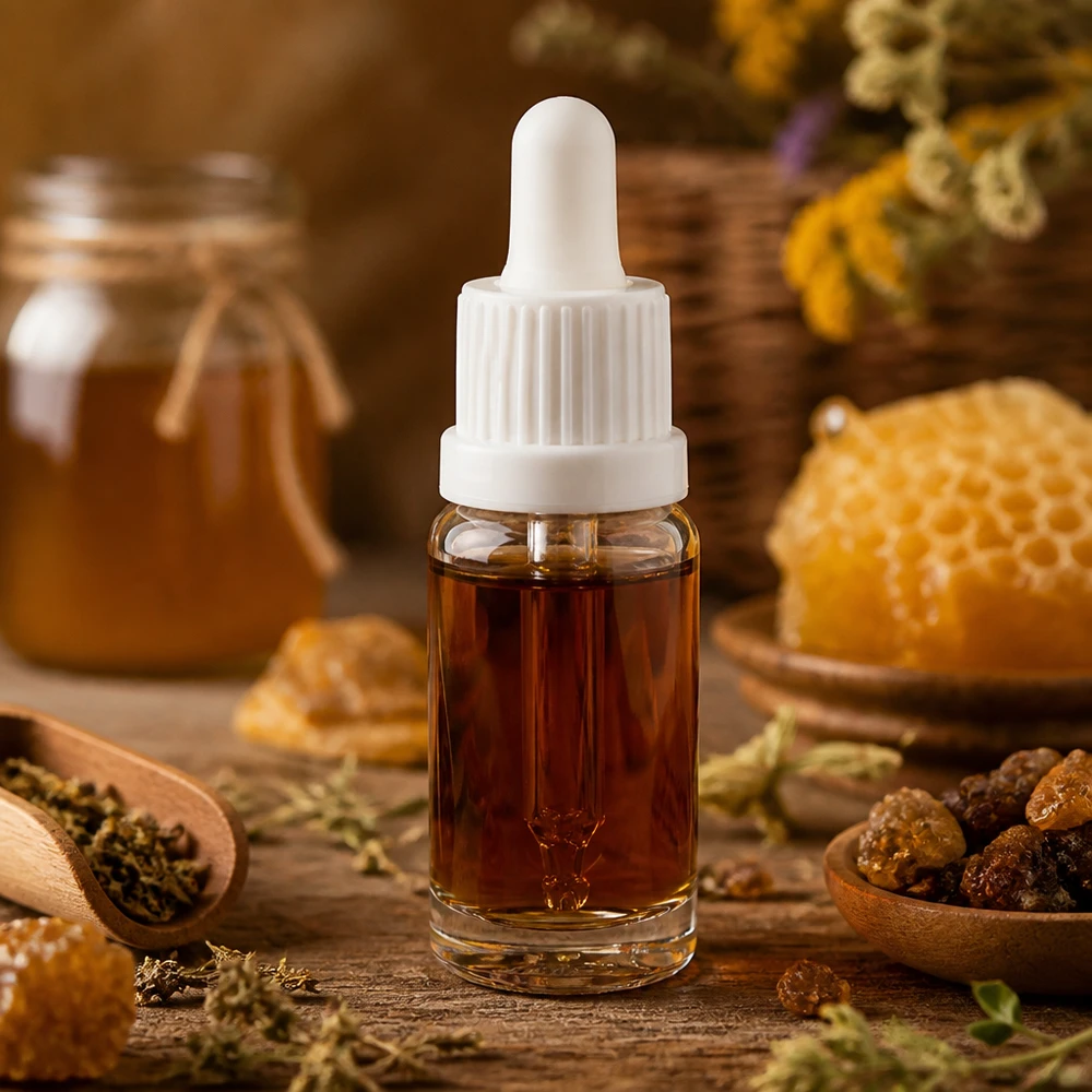 Keltainen hunajauute 10 ml:n pipettipullossa, valkoinen OV ClearLine UT18/10, jota ympäröi mehiläispesä