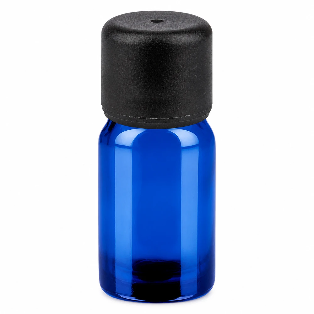 5ml pullo 6mm kierrekorkki musta Standard BlueLine UT18/5 Standard BlueLine UT18/5 5ml lasipullo sininen mustalla korkilla eteerisiä öljyjä ja aromaterapiaa varten.
