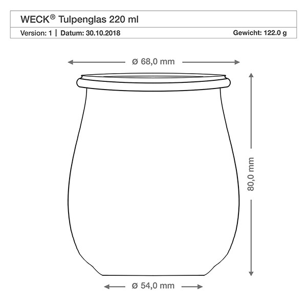 WECK minitulppaanipurkki 220ml, jossa on hunajalusikka. Tekninen piirustus WECK tulppaanipurkki 220ml, jonka mitat ovat 68mm halkaisija, 80mm korkeus ja 122g paino.