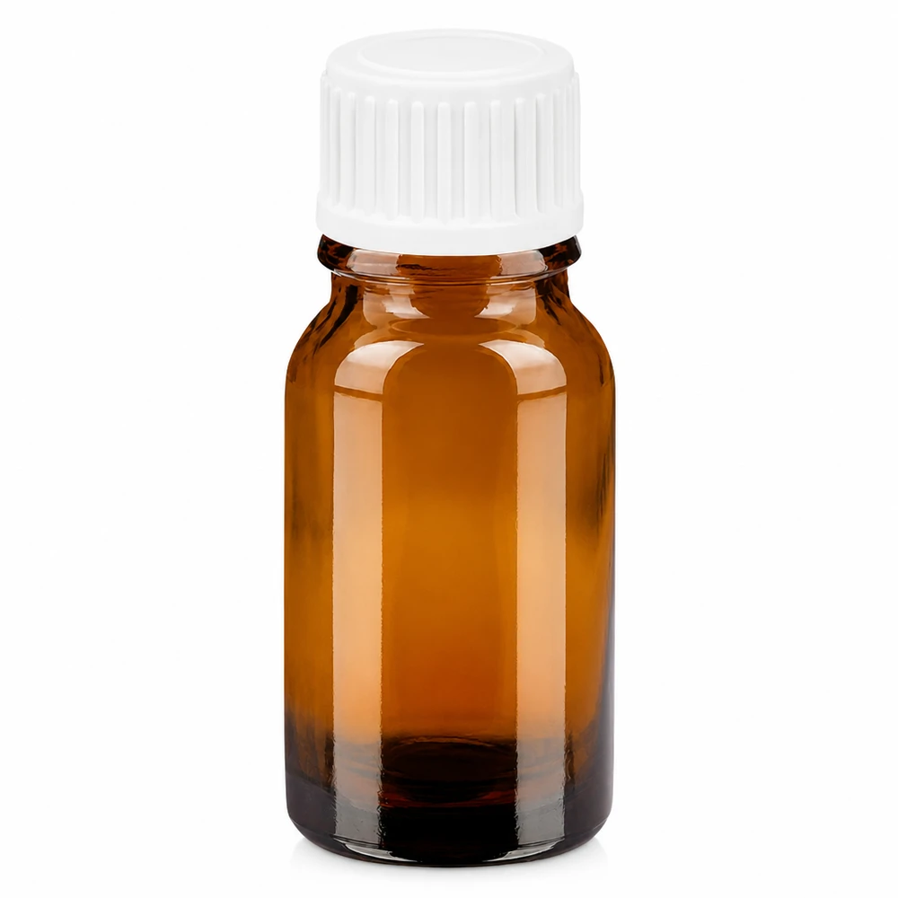 10ml tippapullo 0.9mm valkoinen vakiokorkki BrownLine UT18/10 10ml meripihkanvärinen lasipullo valkoisella tippakorkilla eteerisille öljyille ja lääkkeille.