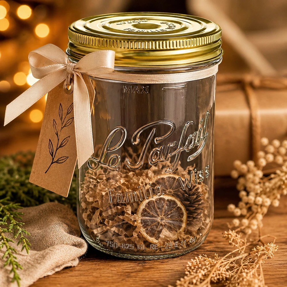 1020ml Sturzglas "Familia Wiss" 2-teiliges Deckelsystem Le P 1020ml Familia Wiss -mukit, joissa on kultainen kansi ja beige rusetti, joka on täytetty kuivatuilla sitrusviipaleilla puukannessa.