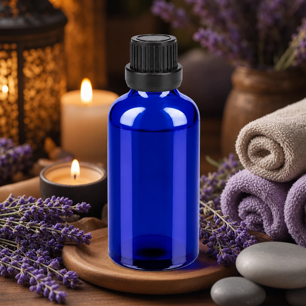 Korkealaatuinen 50ml koboltinsininen lasipullo, jossa on musta tippakorkki aromaterapiaa varten.