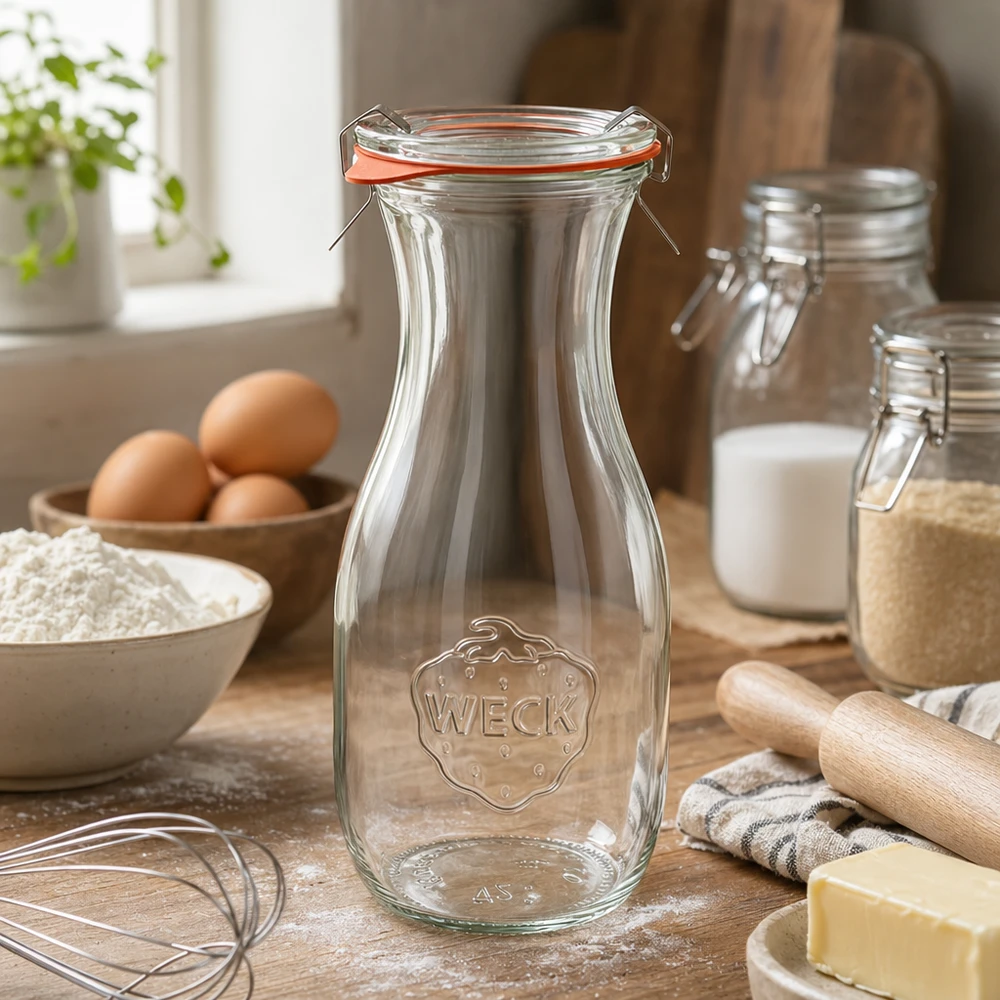 WECK mehupullo 530ml RR60 keittiössä, jossa on leivonta-aineita munia jauhoja ja voita puisella työtasolla.