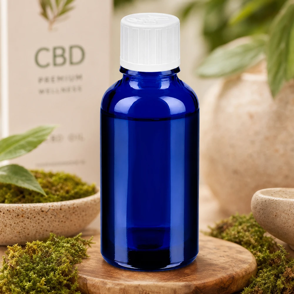 30ml BlueLine lasipullo valkoisella kierrekorkilla ammattimaiseen tuotepakkaukseen
