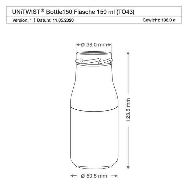 150ml pullo ilman kantta (TO43) UNiTWIST 150ml pullo ilman kantta (TO43) UNiTWIST UNiTWIST Bottle150 lasipullo 150ml TO43 mitat 38mm halkaisija 123,5mm korkeus tekninen piirustus