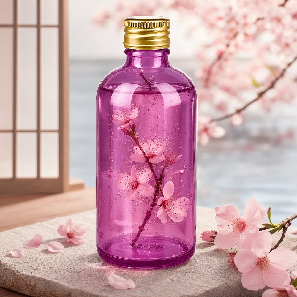 Kompakti 100ml lasipullo, violetti, 18mm kierre ja kultainen korkki apteekkeihin.