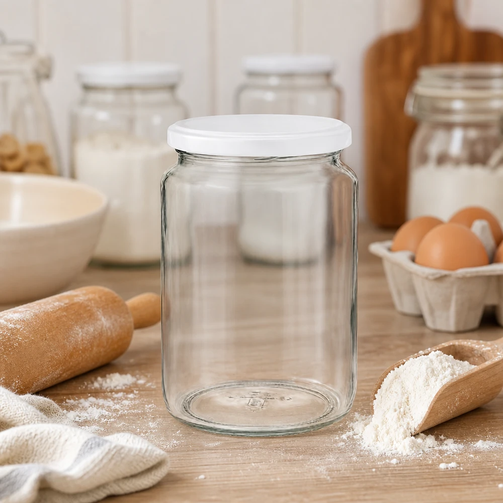 795ml UNiTWIST-pyöreä purkki keittiössä leivonta-aineksilla osoittaa monipuolisen käytön jauhojen säilytyspurkkina.