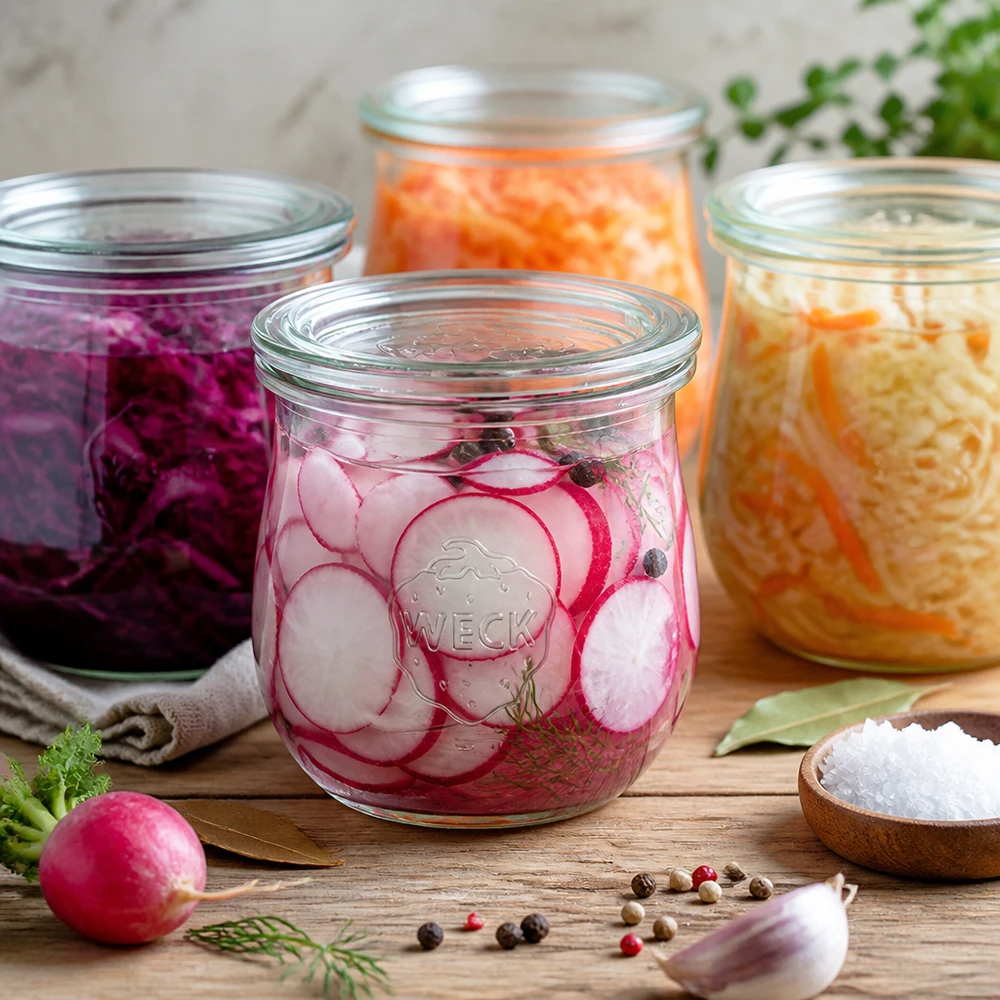 370ml tulppaanipurkki lasikannella WECK RR80 WECK tulppaanipurkki 370ml RR80, jossa on marinoituja retiisejä ja fermentoituja vihanneksia puupöydällä mausteiden kanssa.