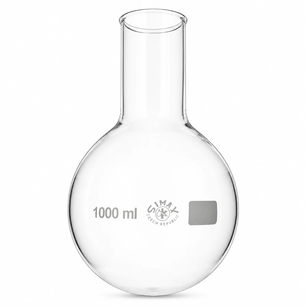 Pyöreäpohjainen pullo 1000ml leveä kaulaosa borosilikaattilasista laboratoriokäyttöön.