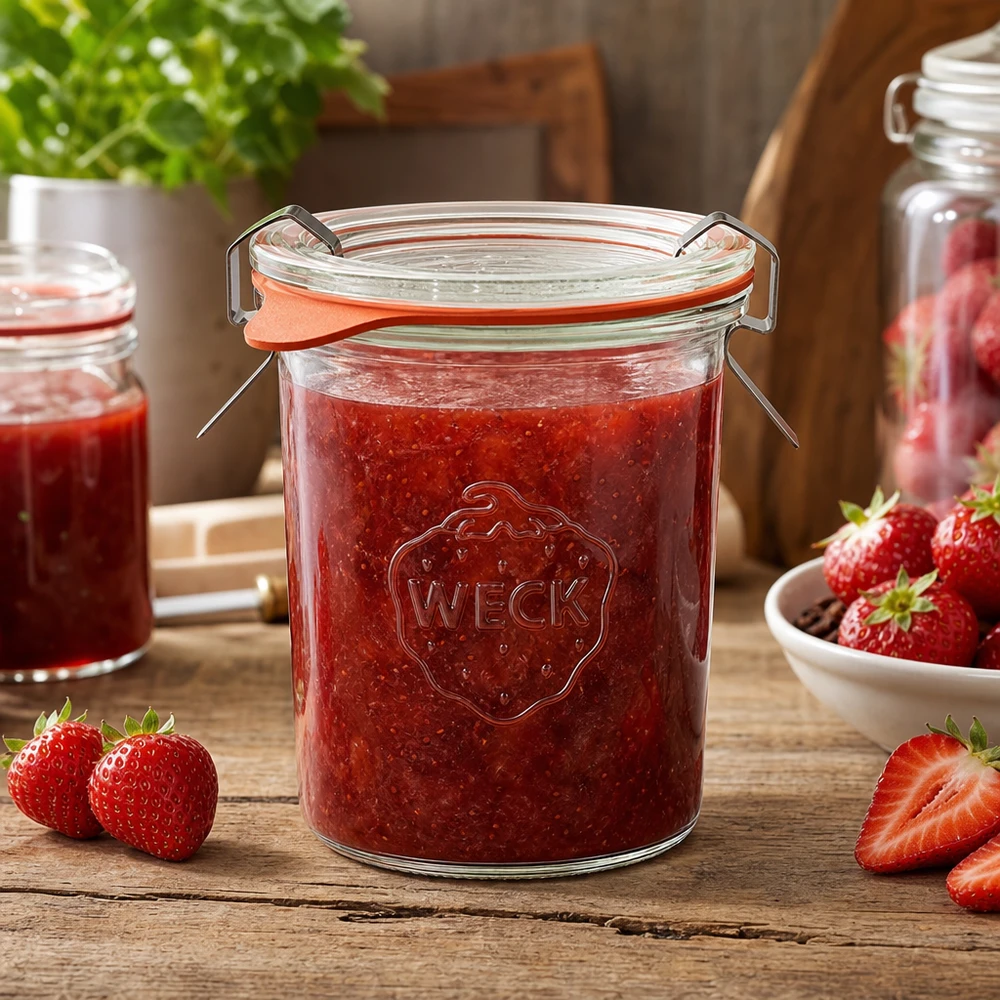 160 ml:n tumppupurkki täydellisenä WECK RR60 WECK säilöntäpurkki 160ml täynnä mansikkahilloa puupöydällä, jossa on tuoreita mansikoita ja keittiötunnelmaa.