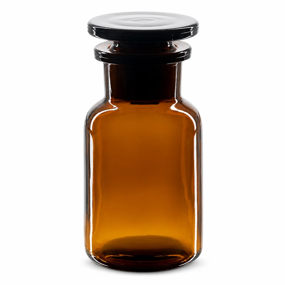 Pyöreä olkapääpullo 100ml ruskea leveäkaulainen lasitulppa Ruskea, pyöreäolkapäinen 100 ml:n pullo, jossa on lasitulppa ja leveä kaula, laboratorio- ja apteekkikäyttöön