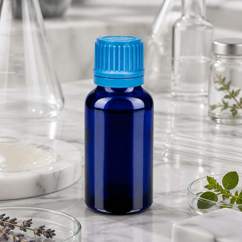 Ammattikäyttöön tarkoitettu 20ml BlueLine-pullo laboratoriosovelluksiin, jossa on tarkka 11 mm:n ruuvikierre.