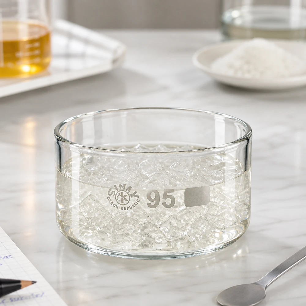 300 ml:n kiteytyskulho, täytetty läpinäkyvillä geelipisaroilla; Simax-borosilikaattilasi; laboratoriokulho