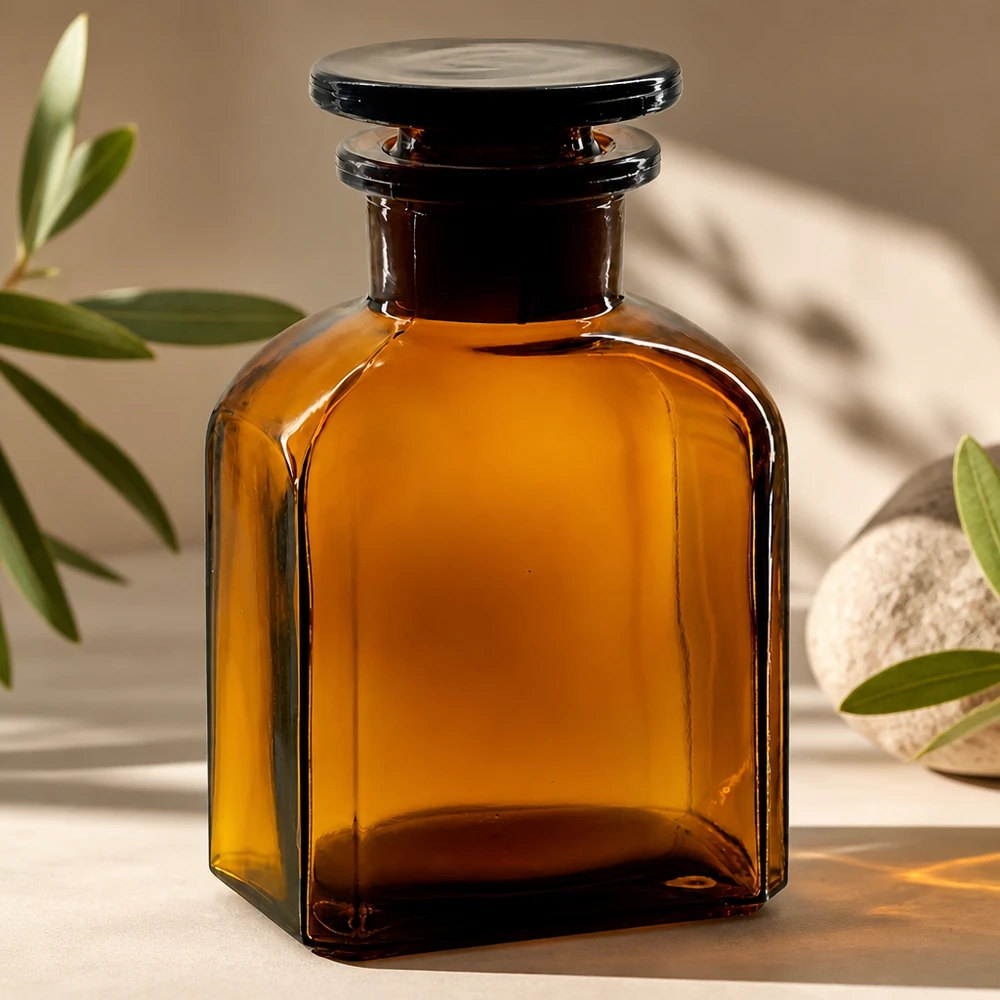 150 ml:n neliönmuotoinen valolta suojaava pullo, jossa on leveä suuaukko ja ruskeasta lasista valmistettu tulppa, laboratoriokemikaaleille