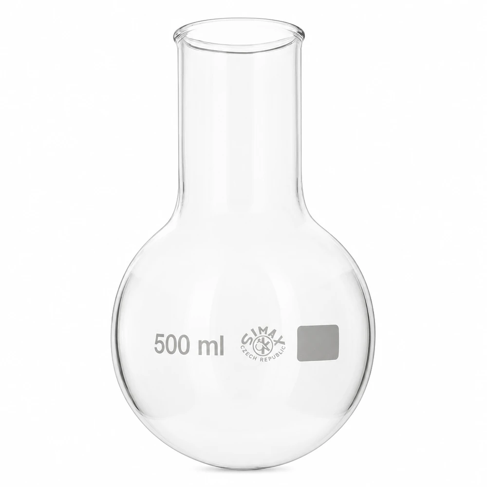 Pyöreä pohjapullo 500ml leveä kaula Pyöreäpohjainen pullo 500ml leveä kaula, valmistettu korkealaatuisesta borosilikaattilasista laboratoriokäyttöön.