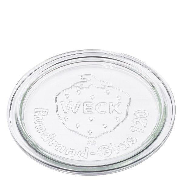 WECK-lasikansi RR120 WECK-lasikansi RR120 läpinäkyvästä lasista, jossa on kohokuvioitu WECK-logo ja pyöreä reunus lasi 120 -merkintä.