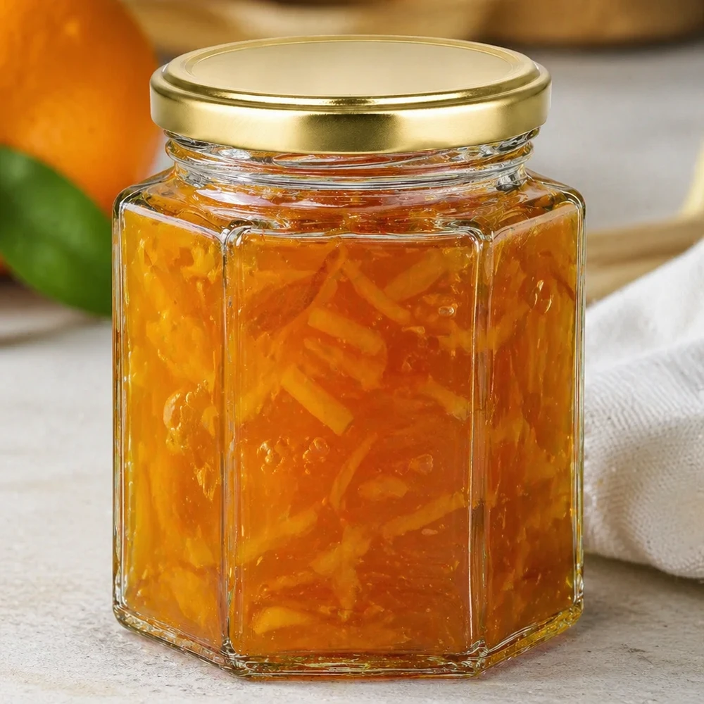 250g BasicSeal hunajapurkki täynnä appelsiinimarmeladia kultainen kansi valkoisella pinnalla hillon säilytyspaikalla