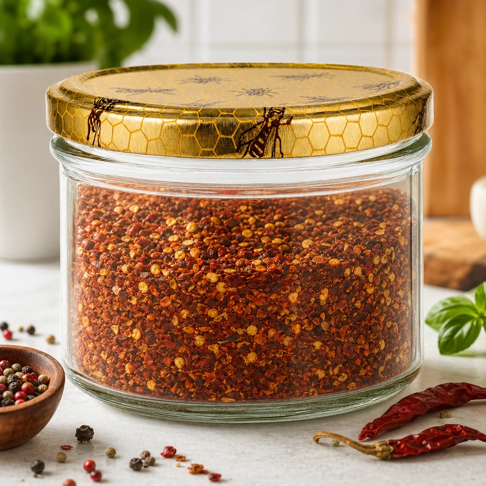 250 g hunajapurkki, jossa on hunajakennokansi ja joka on täytetty mausteilla sekä pippurilla ja kuivatuilla chileillä.