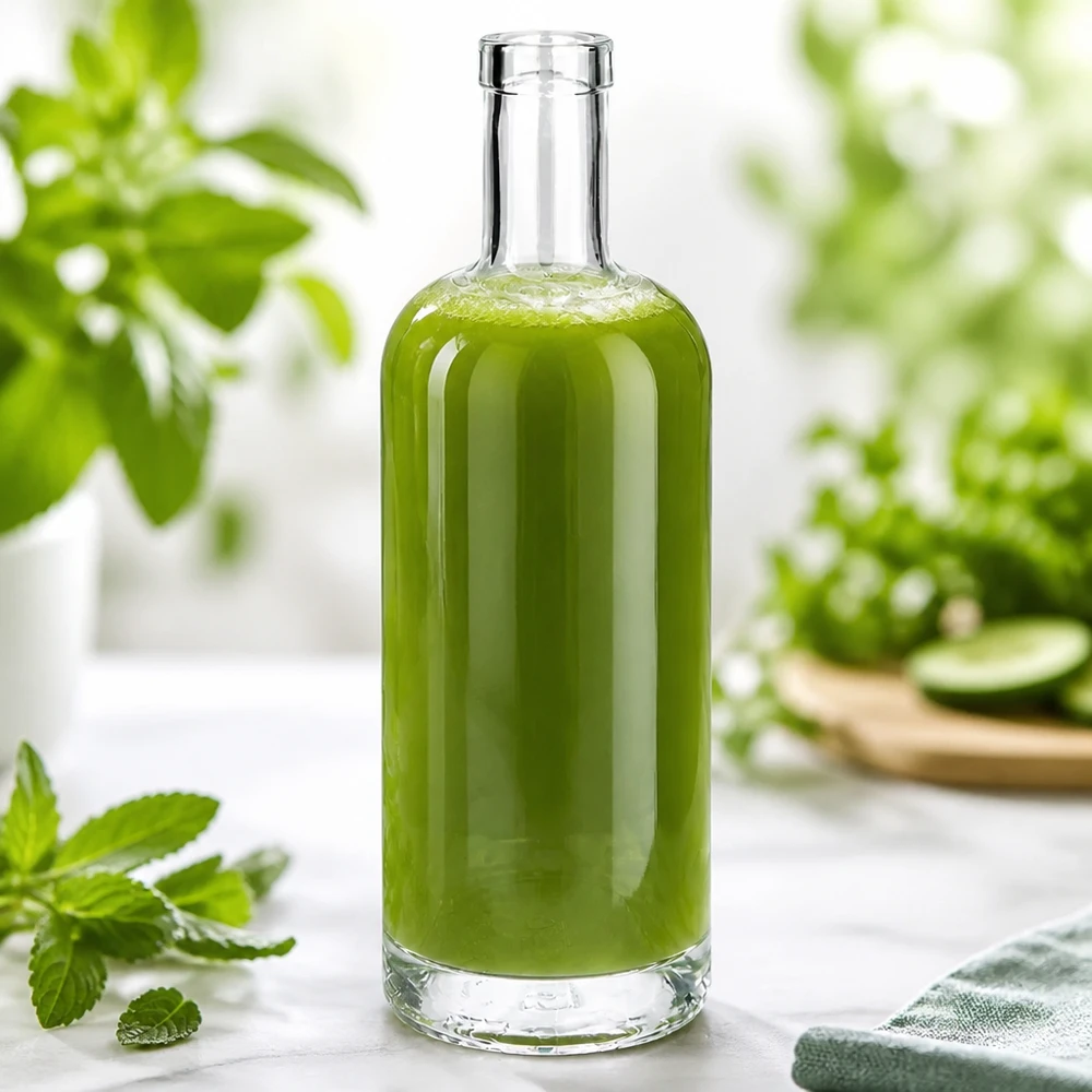 Emma 750ml lasipullo täynnä vihreää sisältöä luonnollisessa ympäristössä, joka on koristeltu mintulla ja kasveilla.