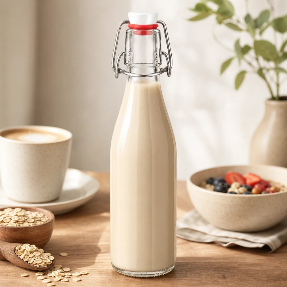 250ml lasipullo + kääntyvä korkki PVC UNiTWIST 250ml Glasflasche mit Bügelverschluss gefüllt mit cremiger Hafermilch, perfekt für gesunde Ernährung und Frühstück