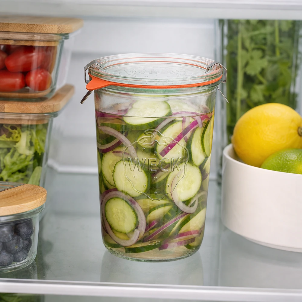 850 ml:n tumppupurkki täydellisenä WECK RR100 WECK RR100 850ml juomapullot jääkaapissa, jossa on suolakurkkua ja sipulia elintarvikkeiden optimaalisen tuoreuden takaamiseksi.