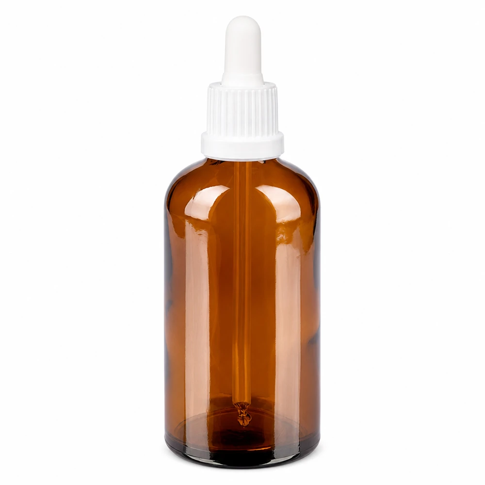 100ml pipettipullo valkoinen väärentämisen varalta suljettava BrownLine UT18/100 100ml pipettipullo meripihkalasista, jossa on valkoinen tippakorkki tarkkaa annostelua varten.