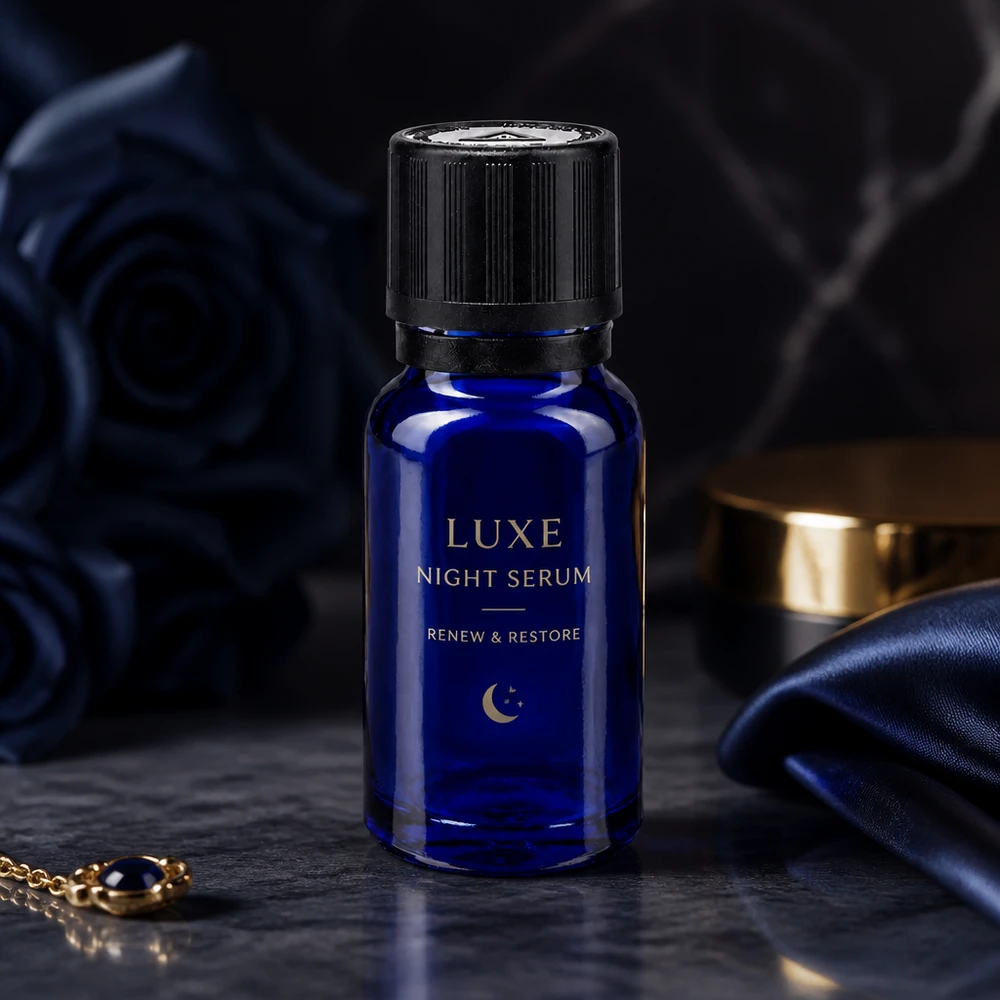Apteekkipullo sininen 10ml tippapullon korkki kaatorengas 1mm musta lapsilukko sokea varoitussymboli tamper evident sulkeminen Luxe Night Serum koboltinsinisessä 10 ml:n apteekkipullossa, jossa on musta tippakorkki, yöhenkisessä tunnelmassa