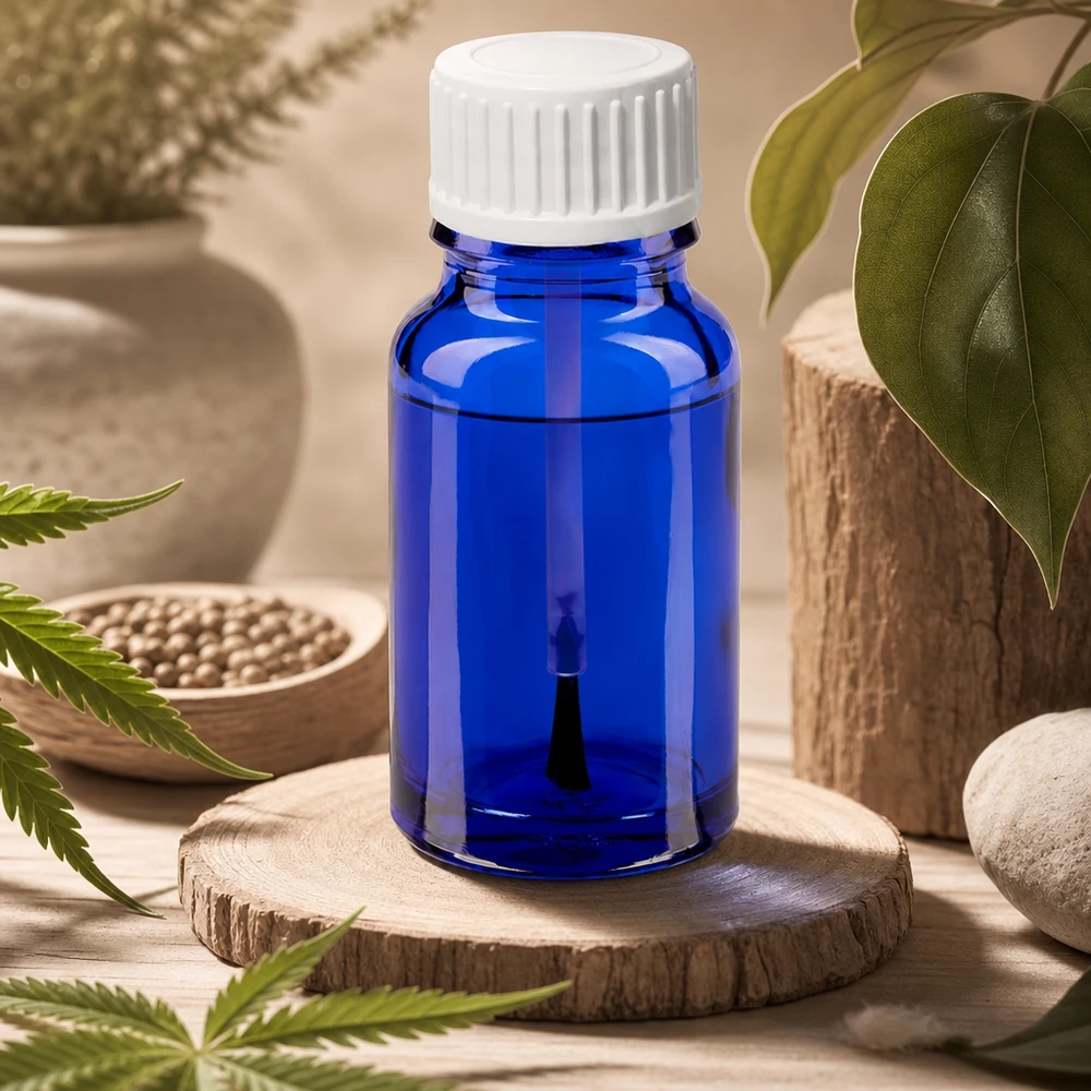 10ml pensselipullo valkoinen vakiokorkki BlueLine UT18/10 Kompakti 10 ml:n sivellinpullo tyylikkäässä sinisessä lasissa ammattikäyttöön.
