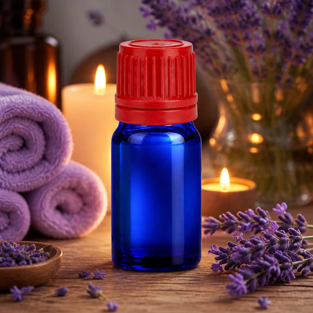 Pieni 5ml lasipullo sinisellä ja punaisella kannella aromaterapiaan BlueLine UT18/5