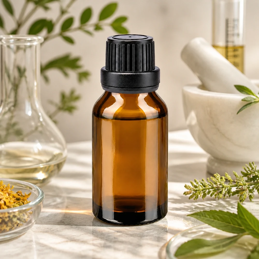 Apteekkipullo ruskea 15ml ruuvikorkki musta peukaloitava sulkeminen Ruskea 15 ml:n apteekkipullo, jossa on musta kierrekorkki, tuoreiden yrttien ja morttelin välissä
