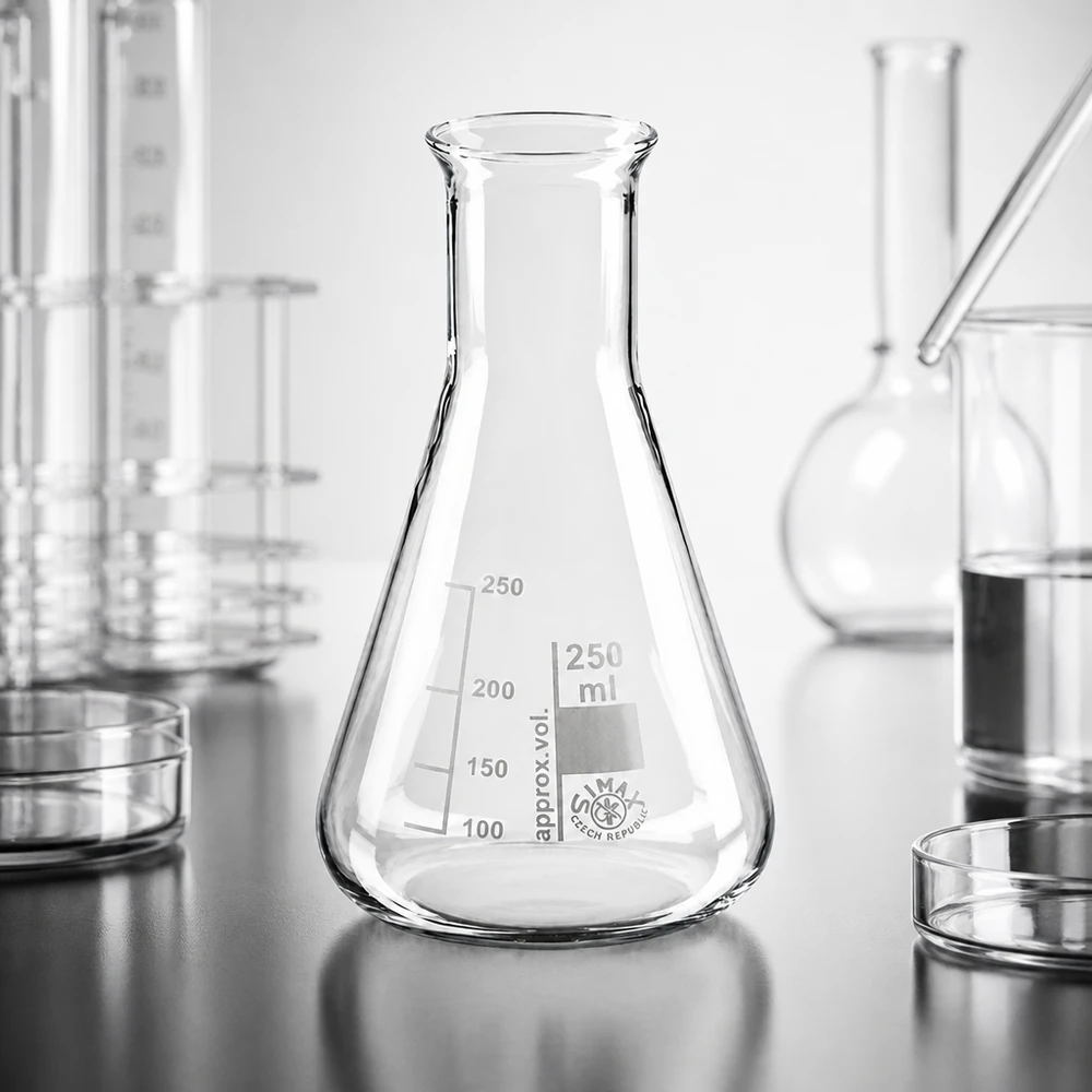 Erlenmeyer-pullo 250ml kapeakaulainen pullo Kartiomainen Erlenmeyer-pullo 250 ml, jossa on kapea kaula ja asteikko tarkkoihin mittauksiin laboratoriossa.