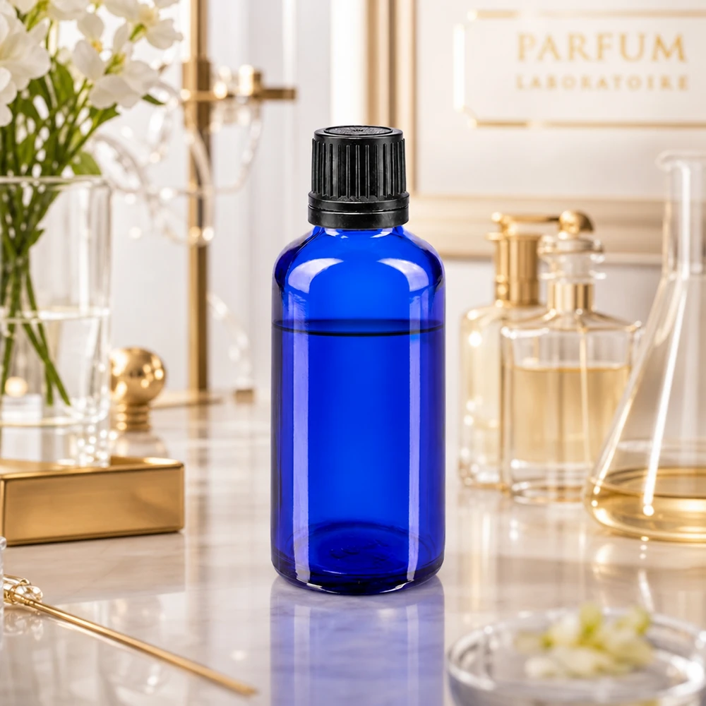 Apteekkipullo sininen 50ml tippapullo korkki kaaderengas 1mm musta peukaloinninesto sulkeminen Sininen 50 ml:n tiputuspullo, jossa on 1 mm:n tarkkuudella toimiva annostelusuutin, tyylikkäässä parfyymilaboratorio-ympäristössä
