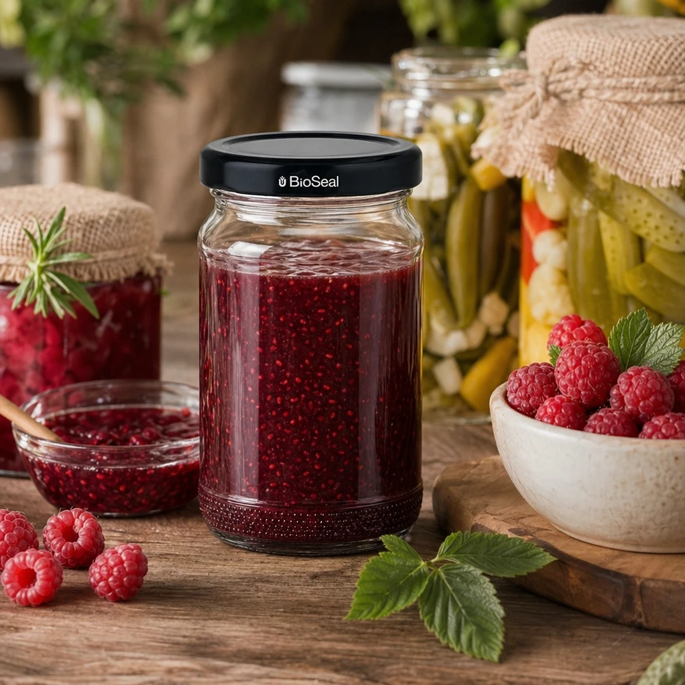 110ml pyöreä purkki + BioSeal-kansi musta UNiTWIST UNiTWIST Runda110 vadelmahyytelöllä ja mustalla TO48 BioSeal-kannella maalaismaisella puupöydällä, jossa on tuoreita vadelmia.